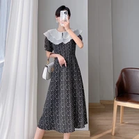 black polka dot print casual long dress summer slim ruffled korean dress peter pan collar puff sleeve a line office lady dresses