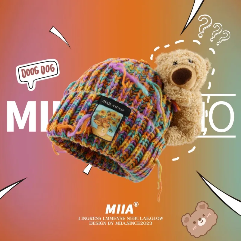 

Autumn and Winter Niche Mixed Yarn Knitted Hats for Women Cute 3D Bear Design Cold Hat Color Oil Painting Style Retro Beanie Cap