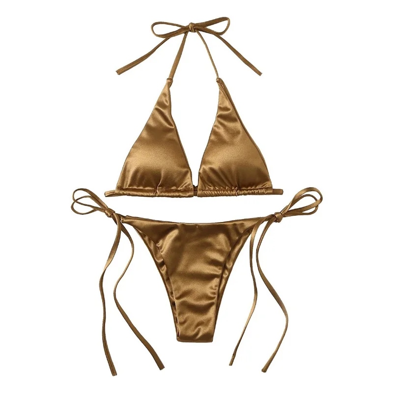 

2022 Sexy Women's Metallic Halter Top Two Piece Swimsuit Tie Side Triangle Bikini Summer Solid Bathing Suit Beachwear