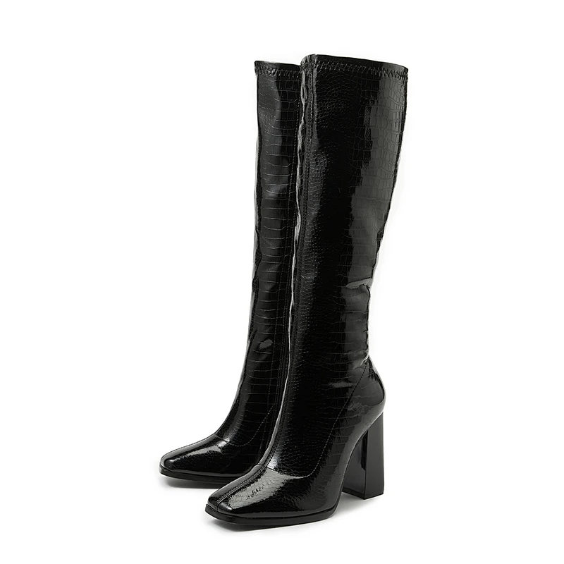 Winter Pointy Solid Color Stone Grain Zip Woman Boots Long Tube Thick High Heels Fashion Sexy Black Gladiator Shoes Size 35-42