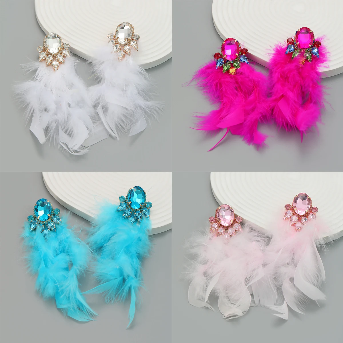 

Colored Crystal Feather Earrings For Women Long Hanging Tassel Luxury Brand Party Prom Statement Fuchsia Jewelry