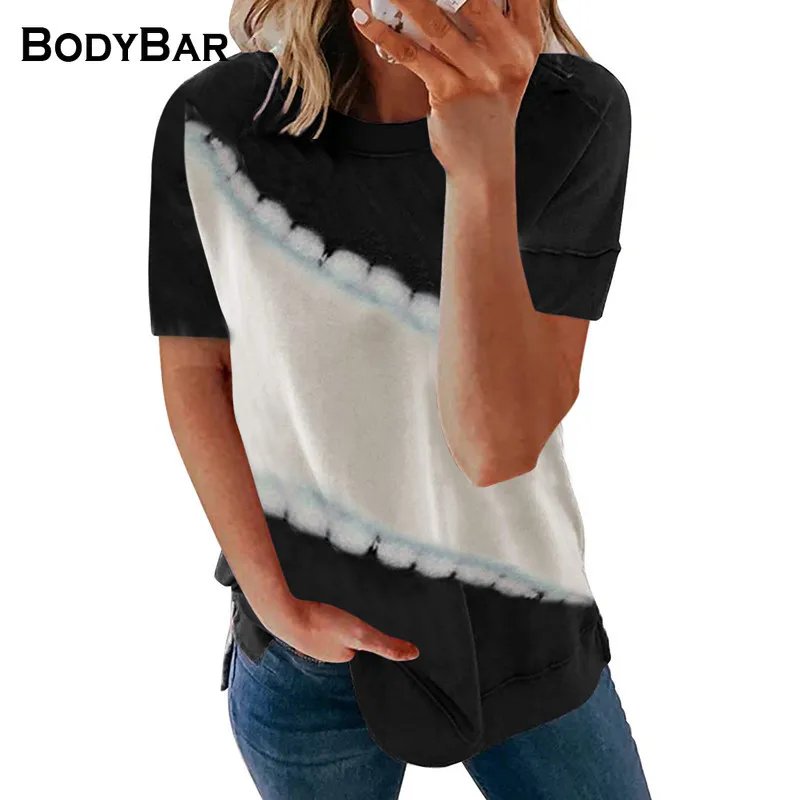 

3XL Oversize Short-sleeved Top Patchwork Printed Round Neck T-shirts For Female Tie Dye Streetwears Spring Woman Loose Pullover