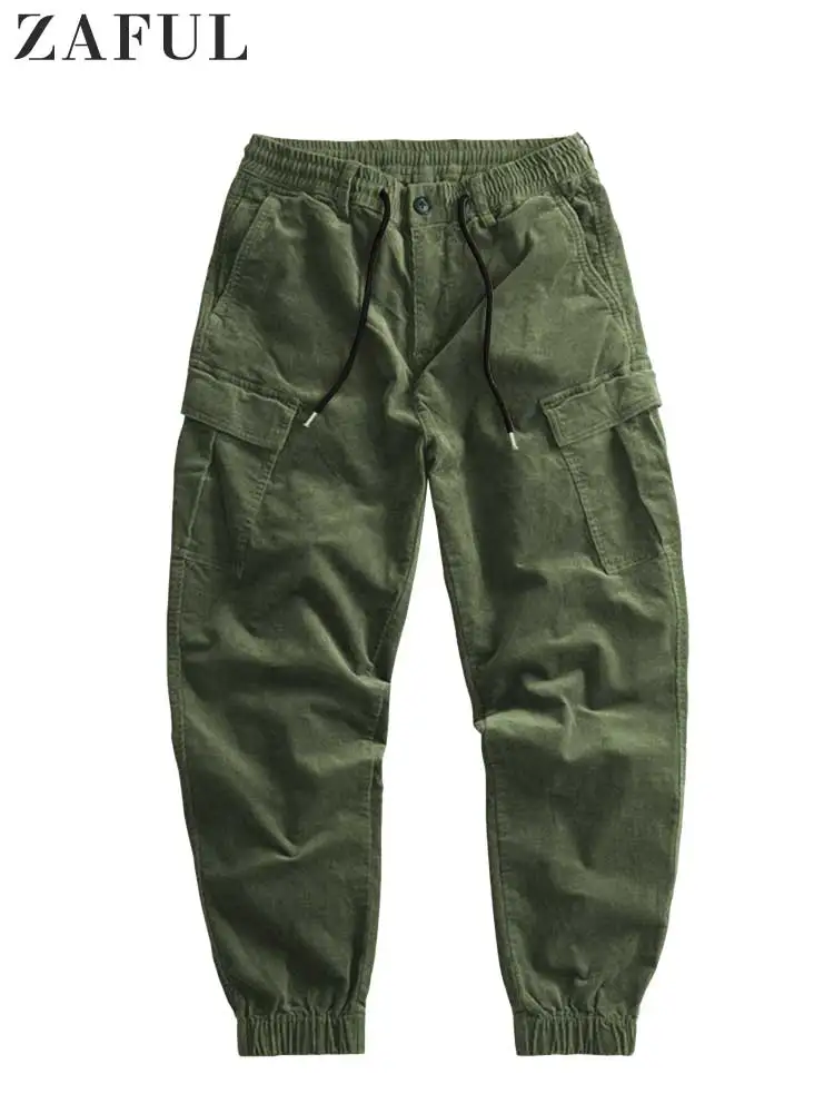 

ZAFUL Cargo Pants for Men Solid Corduroy Tooling Trousers Elastic Mid-waist Streetwear Jogger Pants Beam Feet Long Pants