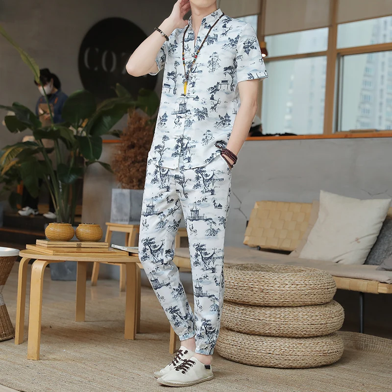 

Shirts+Pants summer chinese style elastic waist Classic Fashion Men's Casual Sets Male trousers and shirt men size M-5XL TZ19
