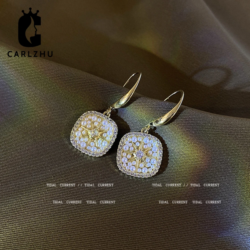 

Роскошные ювелирные изделия из кубического циркония, Классические сверкающие квадратные циркониевые жемчужные Висячие серьги для женщин, ...