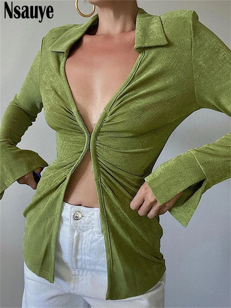 

Nsauye Chic V Neck Casual Y2K Skinny Long Sleeve T Shirt Tops Autumn 2022 Sexy Ruched Women Cardigans T Shirt Blouse Clubwear