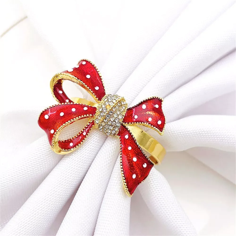 

NEW2022 2/6pcs Christmas Bow Red Napkin Rings Crystal Rhinestone Napkin Buckles for Restruant Table Decoration Napkin Holders
