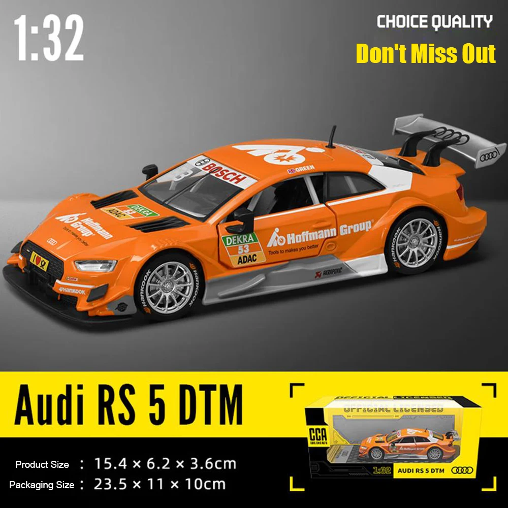 Фото Модель автомобиля CCA 1:32 из литого металла: Mercedes-AMG C63 DTM, BMW M4 GT3, Audi RS5 DTM. Игрушечный автомобиль с функцией обратного хода, металлический корпус, с подставкой для демонстрации, коллекционная модель. №1