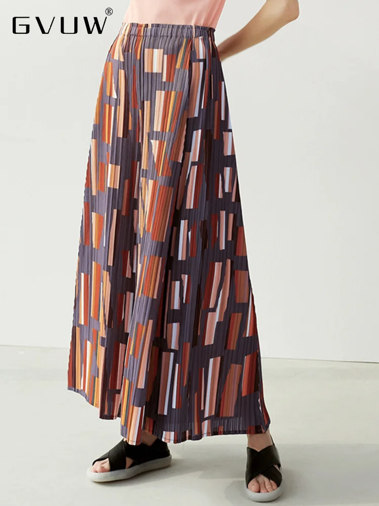 

GVUW Plaid Pleated Wide Leg Pants For Women Patchwork Color Loose Elastic Waist 2023 Summer New Female Straight Trousers 17J1185