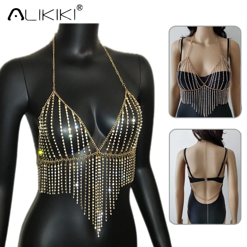 

Sexy Sequin Body Chain Corset Bustier Rhinestone Metal Halter Backless Crop Top Adjustable Chest Chain For Women Club Party Cami