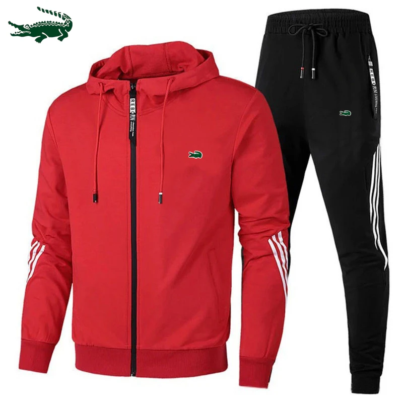 2023 autumn and winter new men's hooded  lattice coat+casual sports pants set S-3XL