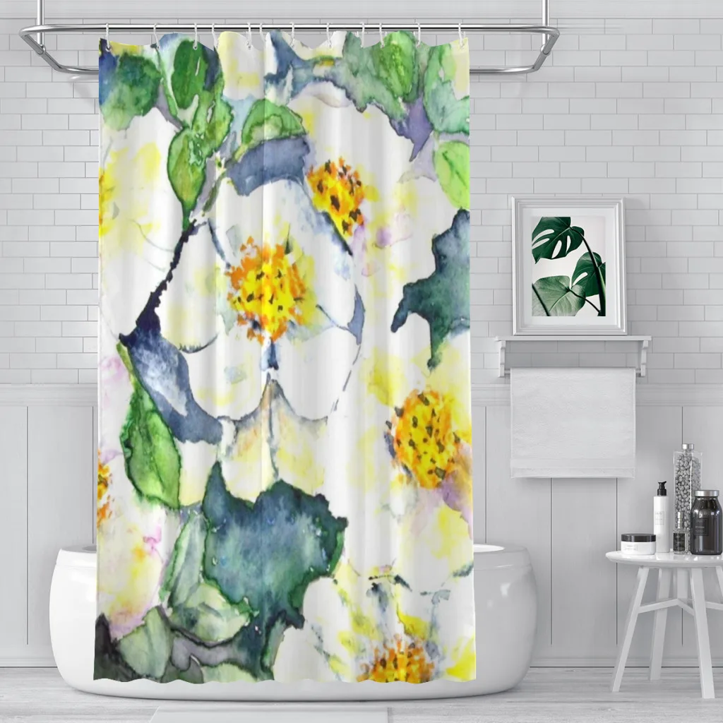 

Flowers White Yellow Bathroom Shower Curtains Pattern Texture Painting Waterproof Partition Home Decor Bathroom Accessories