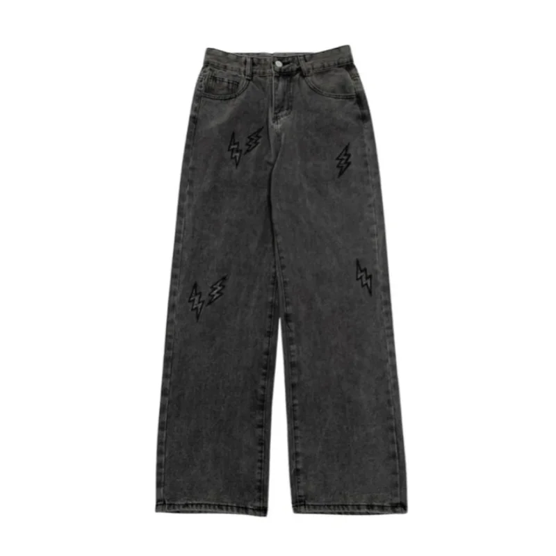 DEEPTOWN Embroidered Loose Jeans Men Straight Casual Denim Pants Gray Trousers Male Streetwear Vintage Hip Hop Korean Fashion