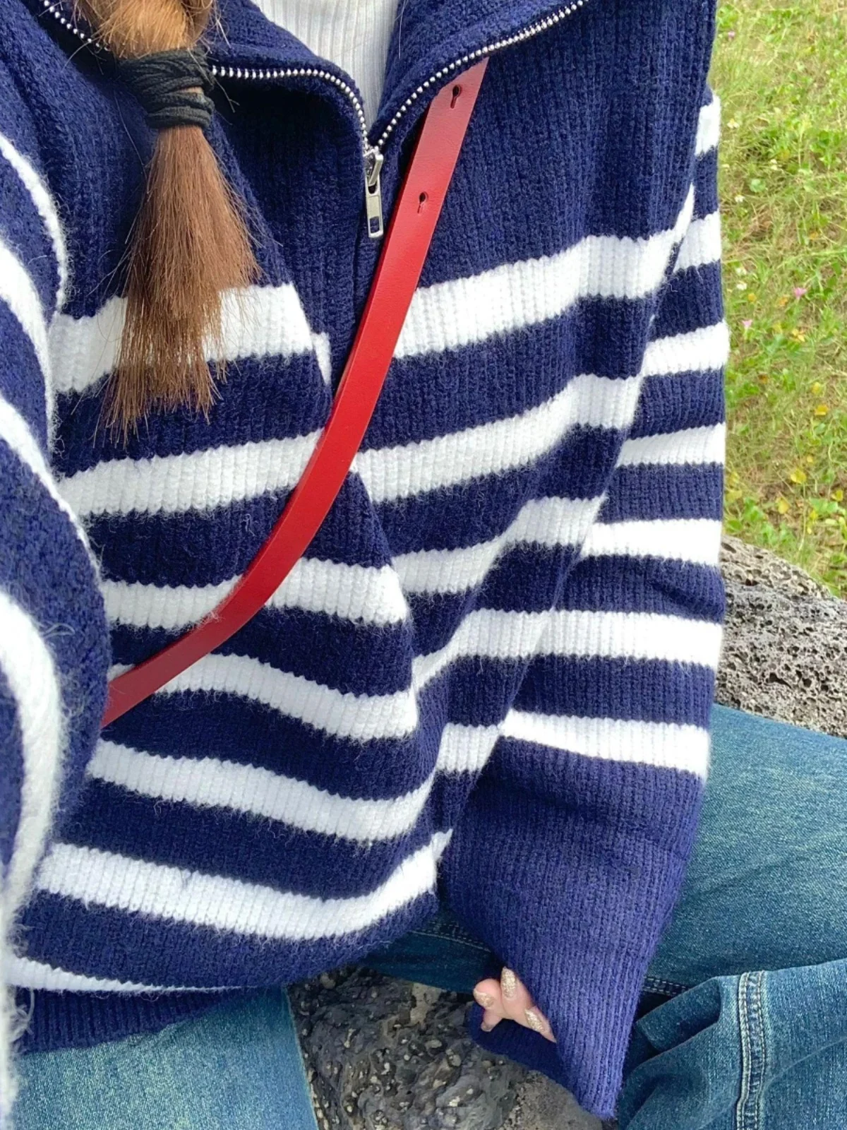 Американский пуловер на молнии с полуоткрытым воротником в полоску свитер 2024