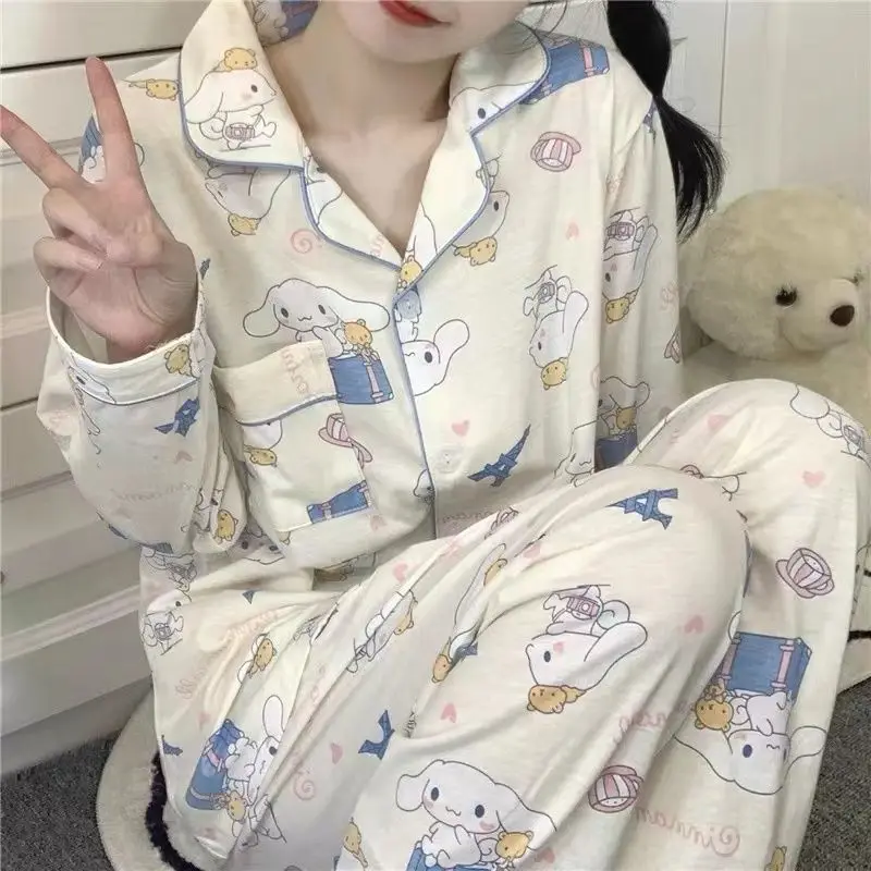 

Пижама Sanrios Cinnamoroll Kuromi Женская с длинным рукавом, милая свободная Пижама с мультяшным принтом My Melody, комплект для отдыха, весна-осень
