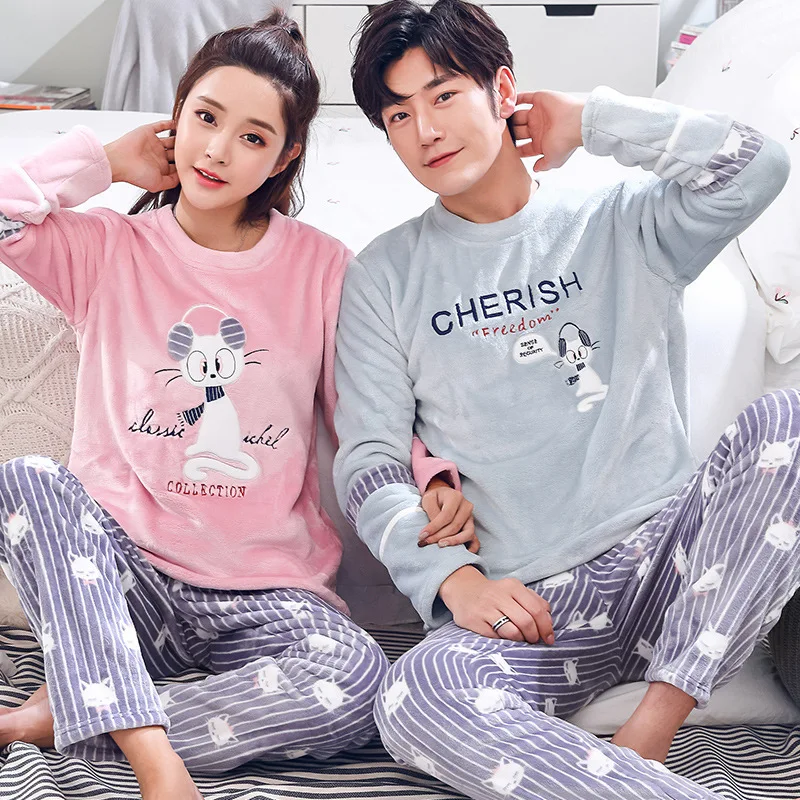 Flannel Pajams Set for Couple Men and Women's Cardigan Pajamas Suit Winter Thickened Coral Fleece Home Service pijama mujer