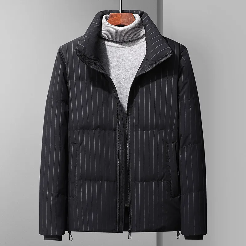 Winter Men Black Striped Thermal Puffer Jackets Thick Warm Puff Padded Basic Coats Male Smart Casual Business Quilted Outerwear