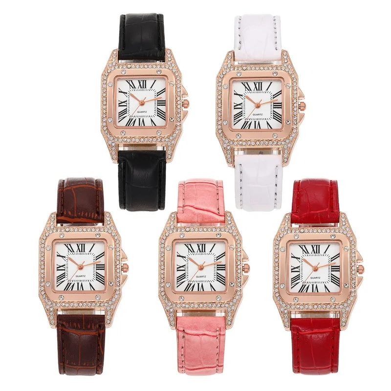 

New Crystal Roman Number Square Quartz Watch Fashion Ladies Lethear Belt Wrist Watch Fashion Women Clock Factory Wholesale