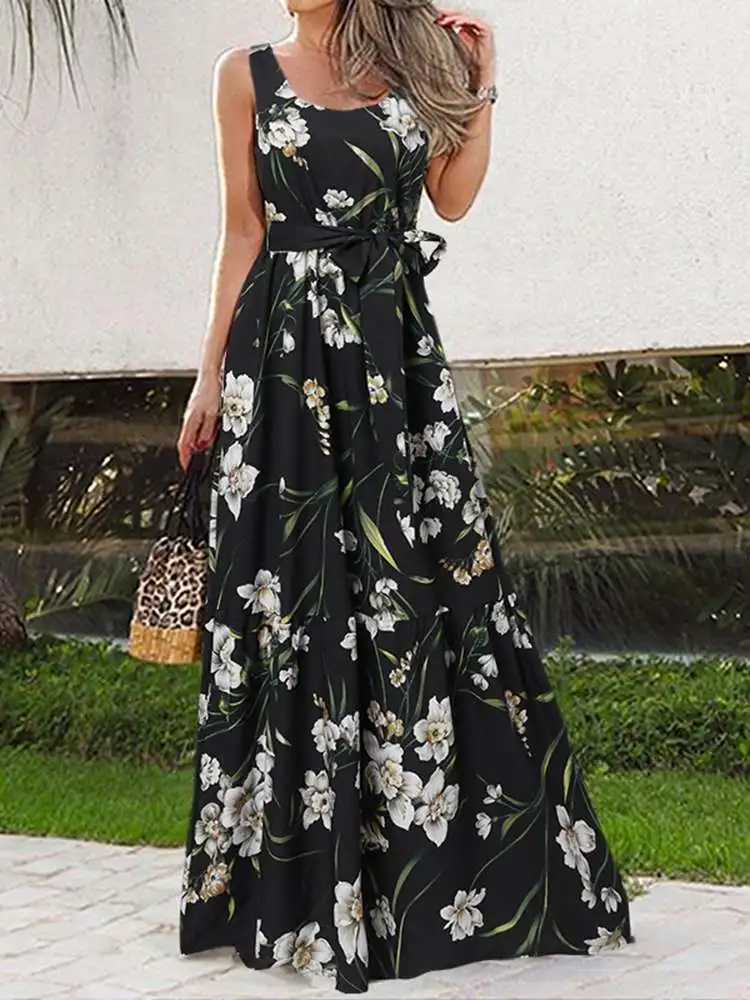 

Celmia Summer Women Long Sundress Elegant Flower Print Robe Bohemian Sleeveless Beach Dress Casual Party A-Line Maxi Vestidos