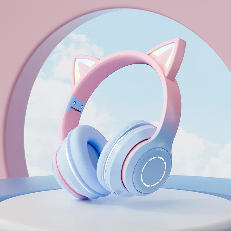 

Cute Glowing Gradient Color Cat Ear Wireless Headphones Head-mounted Bluetooth Esports Headset Foldable Long Endurance Headphone