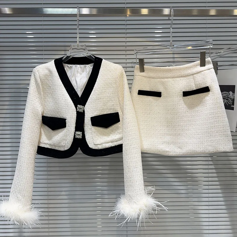 Женский комплект из двух предметов DEAT твидовая короткая куртка с манжетами и