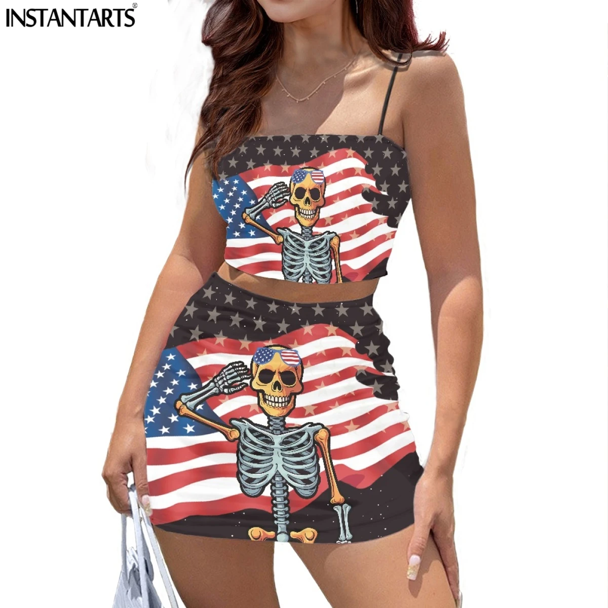 

Doginthehole Cool American Skull Printed Female Sexy Bodycon Dress Set Slim Comfort Club Set for Women Short Dress Outfits 2023