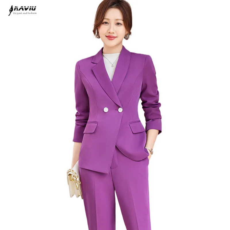 

Пурпурные женские костюмы с булавками NAVIU, новый весенний официальный деловой темпераментный Тонкий Блейзер и брюки, Офисная Женская одежда для работы