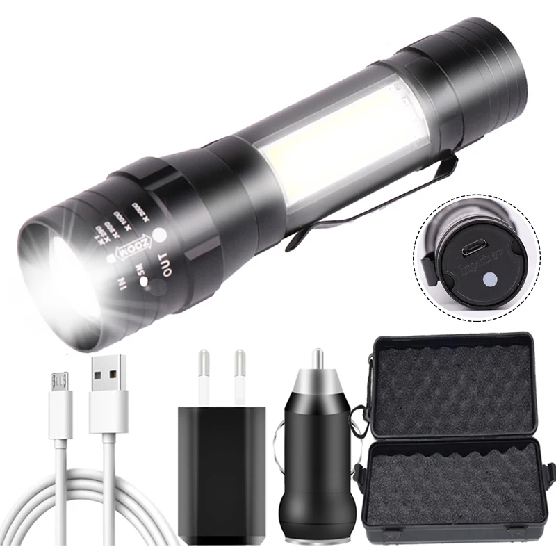 

High Quality LED Flashlight Built-in Battery CREE XM-L T6 COB Zoomable Torch Rechargeable Lantern for Camping Light Aluminum