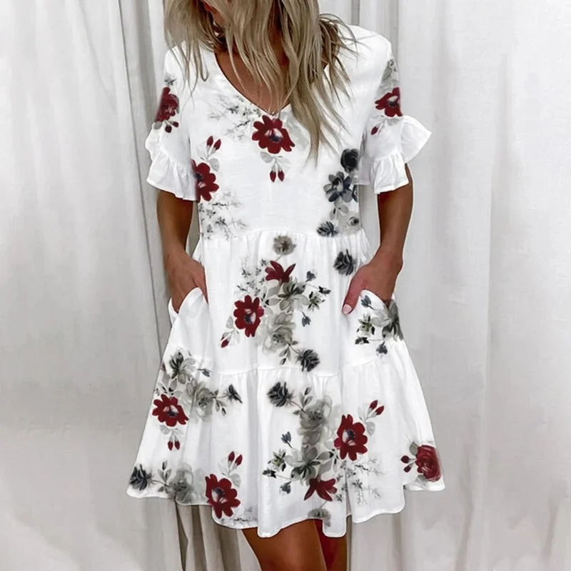 

Summer Women Ruffles Floral Print Mini Dress Sweet A-Line V Neck Pocket Dresses Female Loose Casual Butterfly Sleeve Sundress
