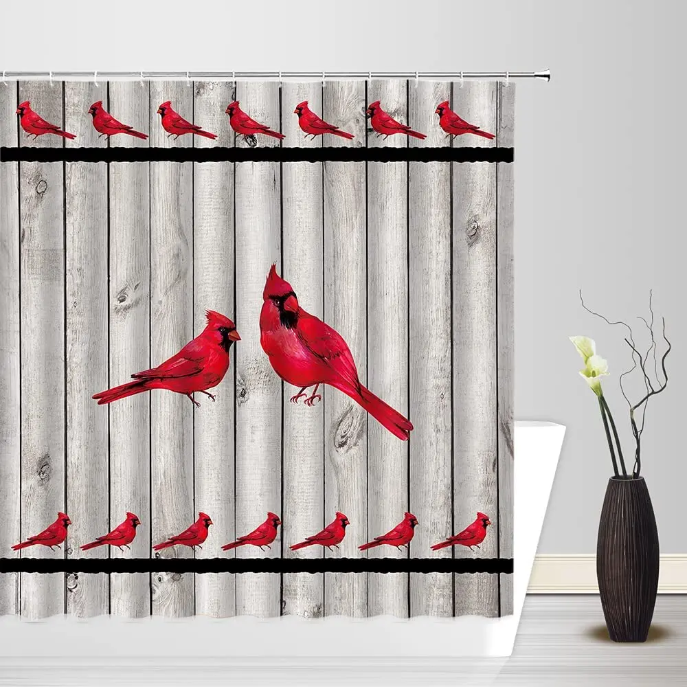 

Merry Christmas Shower Curtain Xmas Cardinals Geometric Line Twigs Bathroom Bath Curtains Waterproof Cloth with Hooks Decor