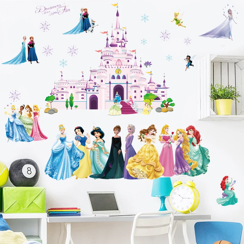 Castle Lovely Cartoon Snow White Cinderella Aurora frozen Princess  Wall Stickers For Kids Room Home Mural Art Girls Wall Decals