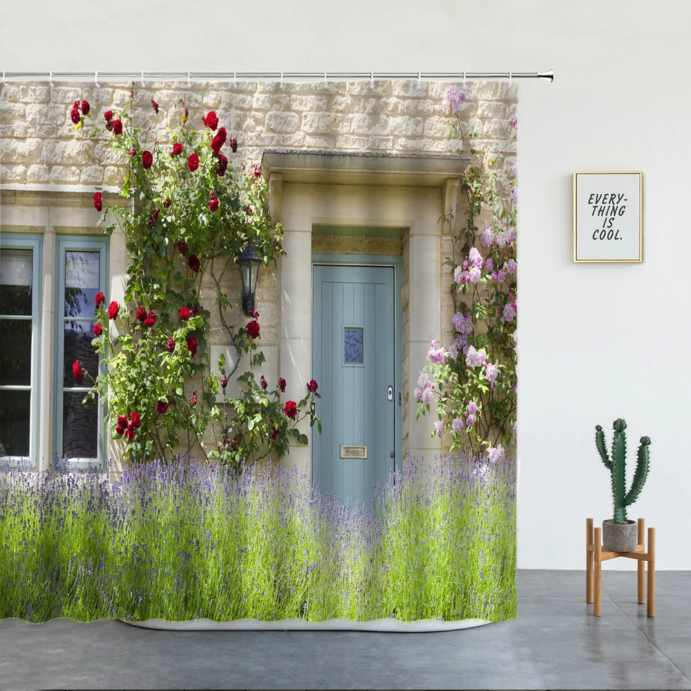 

Plant Scenery Shower Curtains Set Floral Green Leaf Landscape Garden Wall Decoration Bathroom Decor Screen With 12 Hooks