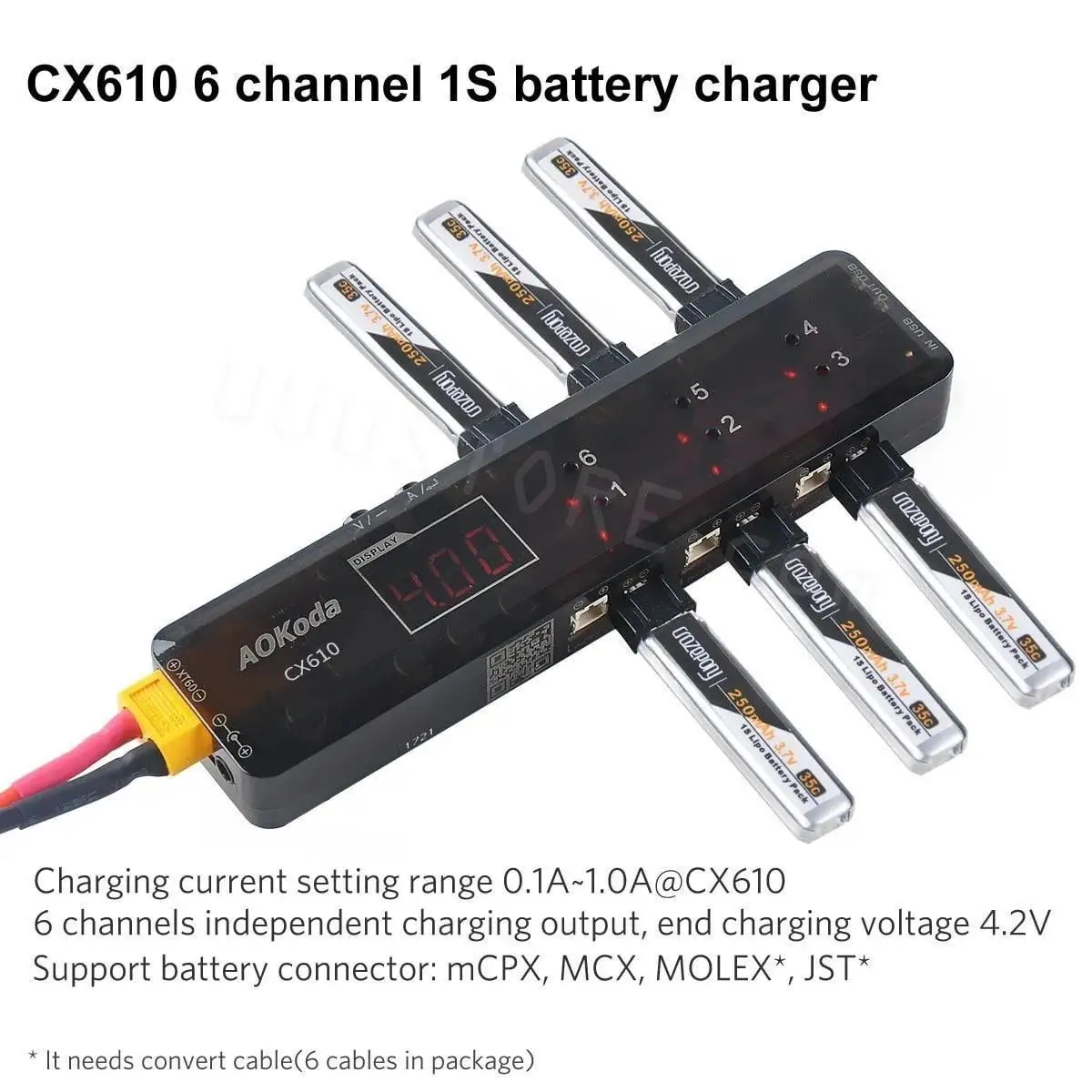

AOKoda CX610 6CH DC/XT60/USB Battery Charger with JST Plug Molex Plug For 1S Lipo LiHV Battery E010 Tiny Whoop FPV RC Drone