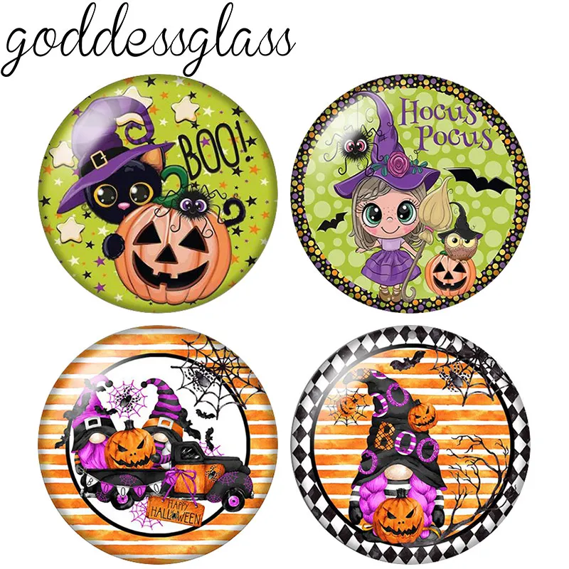 

Halloween pumpkin ghost witch Bat Cat 10pcs mixed 12mm/18mm/20mm/25mm Round photo glass cabochon demo flat back Making findings