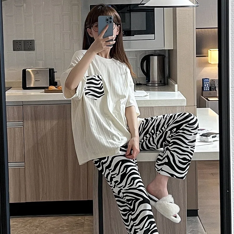 Spring and summer 2023 new pajamas women's short-sleeved trousers suit pullover round neck home clothes cotton