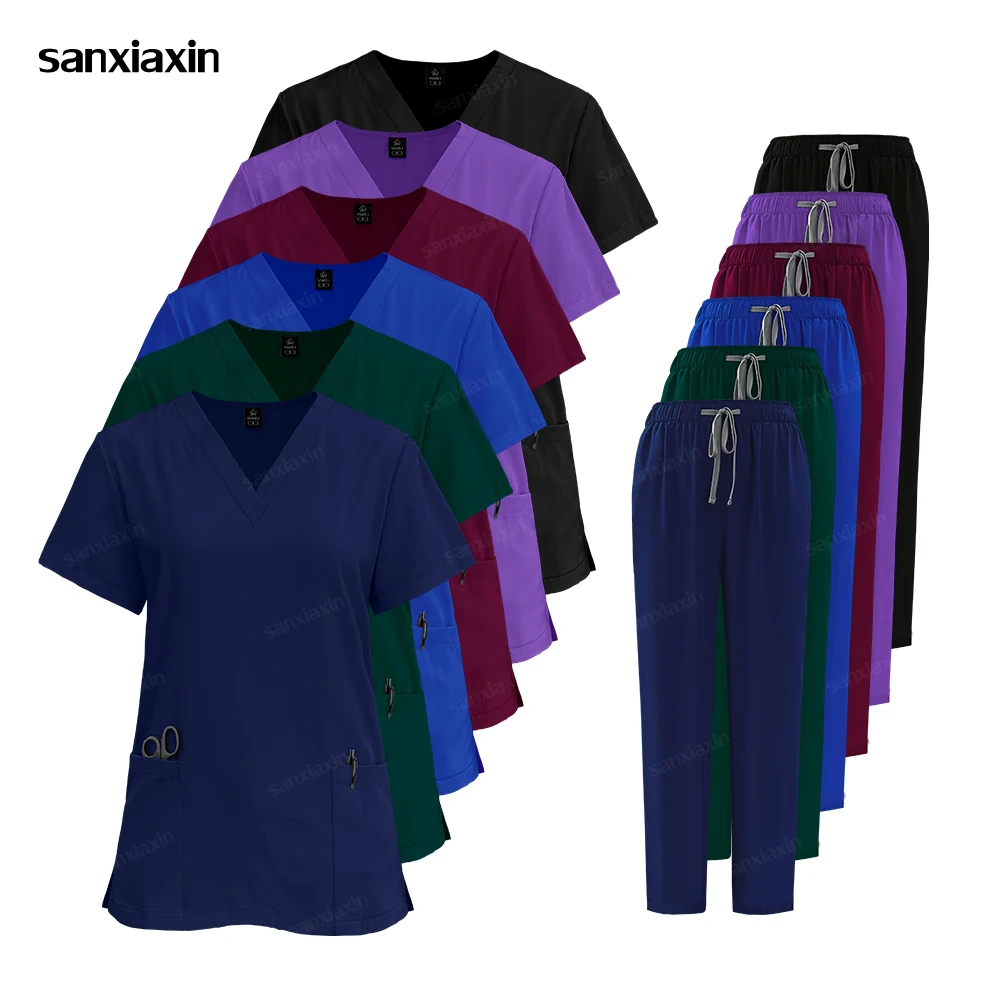 Scrubs Medical Uniforms Women Hot Sale Anti Wrinkle Soft Fabric Nurse Uniform Hospital Scrub Set Men Straight Pant Suits