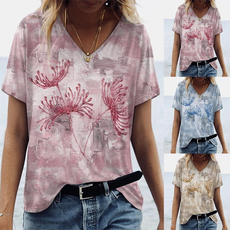 

2022 Summer Women's Floral Theme Printed Painting Tee Shirts V Neck Casual Female Daily Pullover New T Shirt Design Streetwear