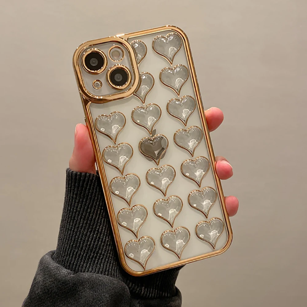 

Cute Heart Love Luxury Gold Plated Electroplated Phone Case For iphone 11 12 13 Pro XS Max X XR Transparent Soft Back Cover Case