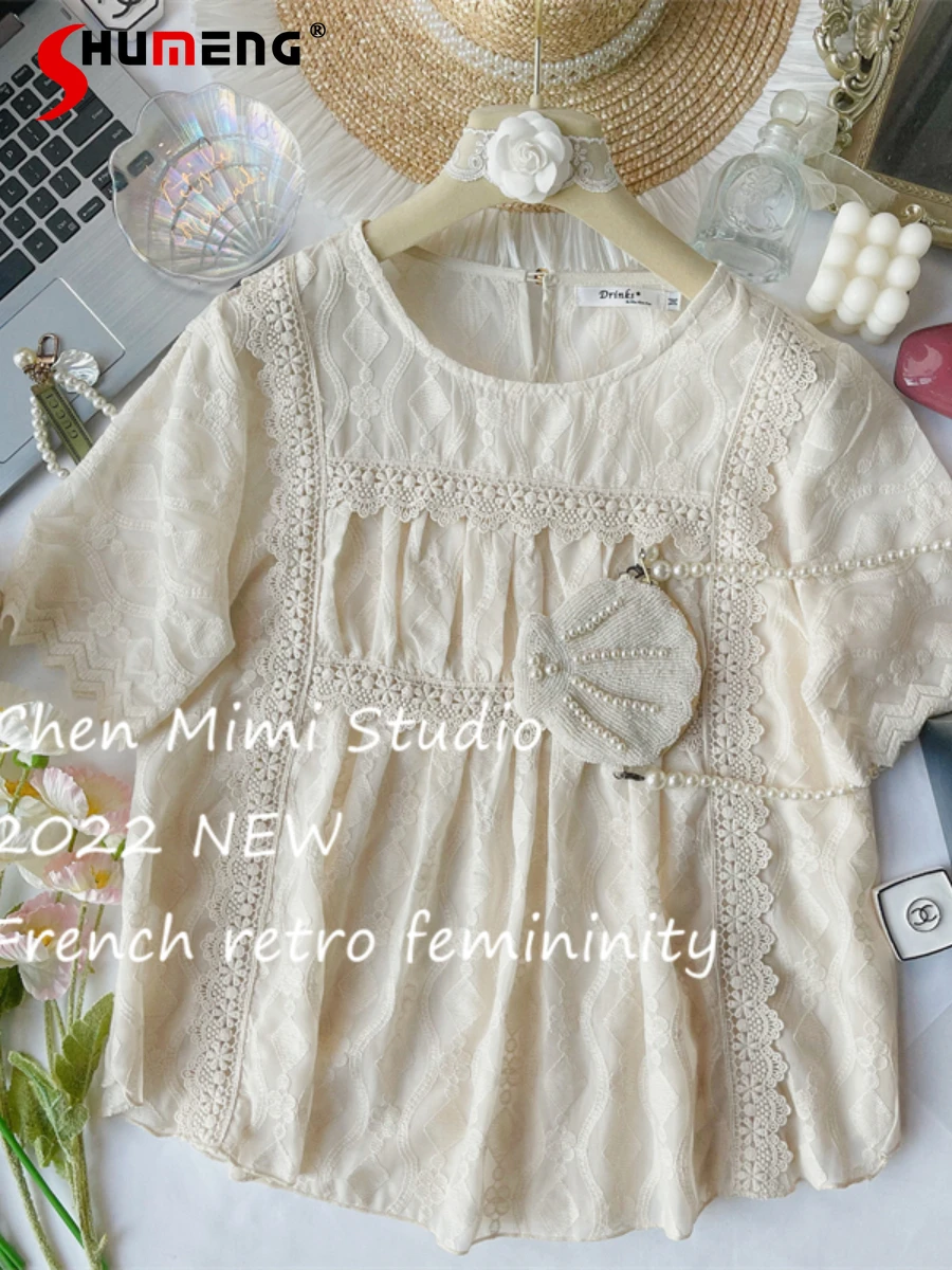 

2022 Summer New French Elegant Flower Embroidered Lace Chiffon Shirt Women Fashion Sweet Solid Color O-neck Pullover Blusas Top