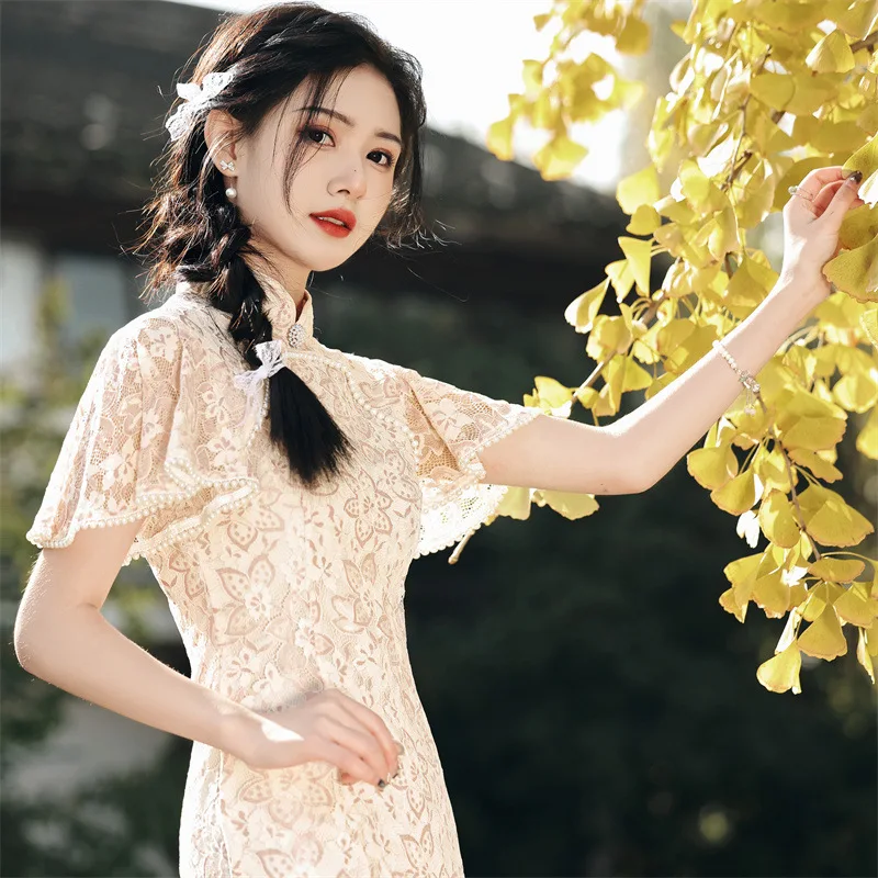 

Classic Elegant Beaded Trim Flying Sleeve Women's Chiffon Qipao Summer Sexy Embroidery Lace Cheongsam Chinese Daily Dress