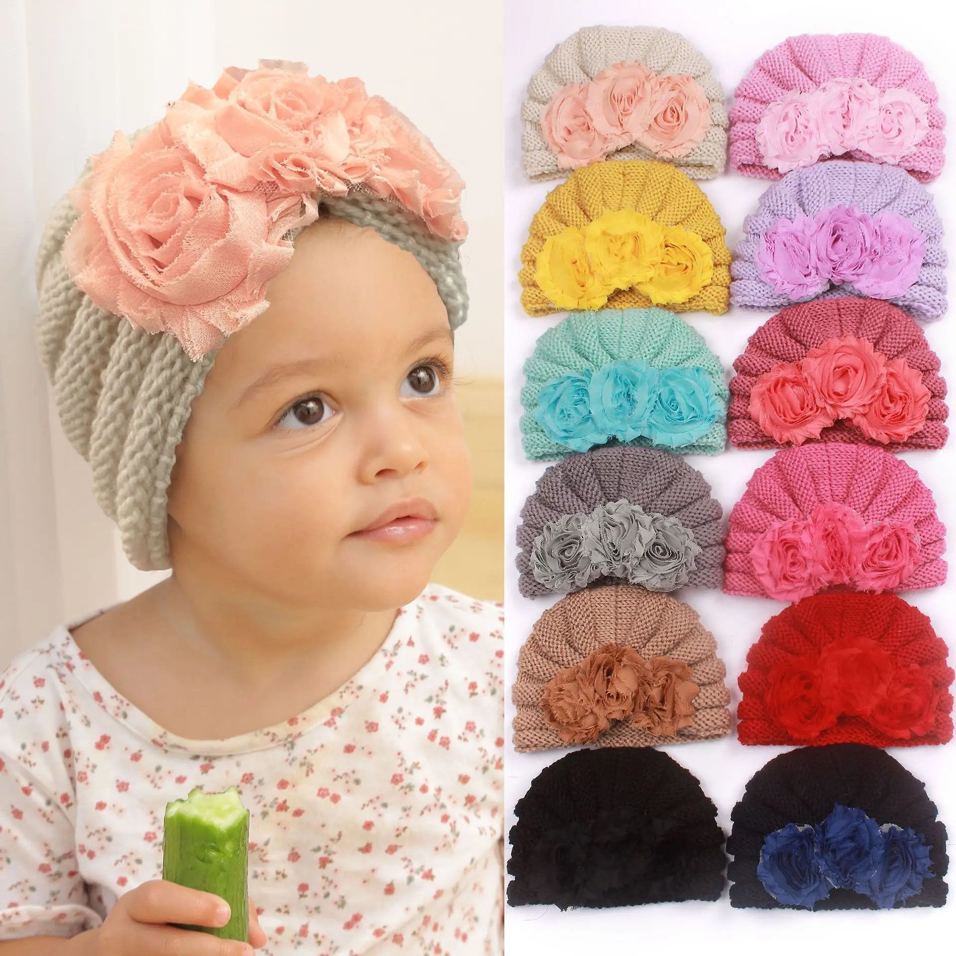 

2022New Free Shipping Children Autumn And Winter Warm 12 Kinds Of Solid Color Lace Flowers Soft And Comfortable Knitted Headwear