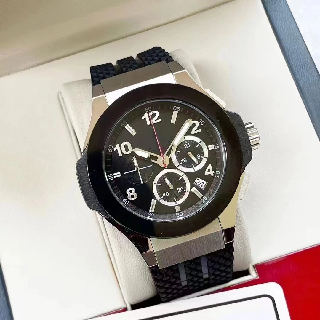 

Luxury New Mens Quartz Chronograph Watch Stainless Steel Black Rubber Sapphire Rose Gold Silver