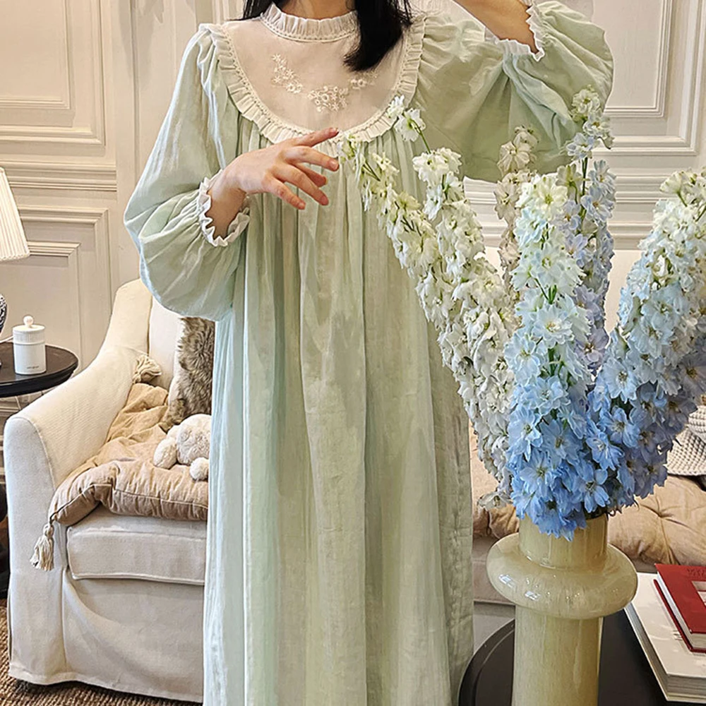 2022 New Women Long Sleeve Vintage Nightgown Retro Cotton Palace Nightdress Classic French Court Princess Lounge Sleepwear Gowns