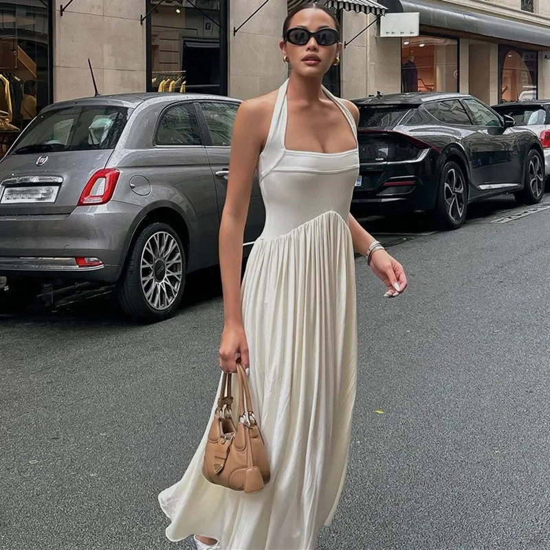 Летнее женское однотонное Плиссированное Платье макси с лямкой на шее