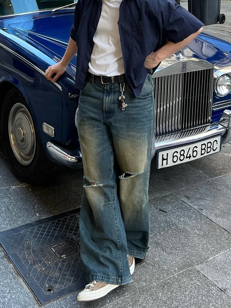 Vintage Distressed Loose Fit Jeans Men's, Y2k Washed Yellow Gradient Casual Pants Street Versatile Wide Leg Trousers