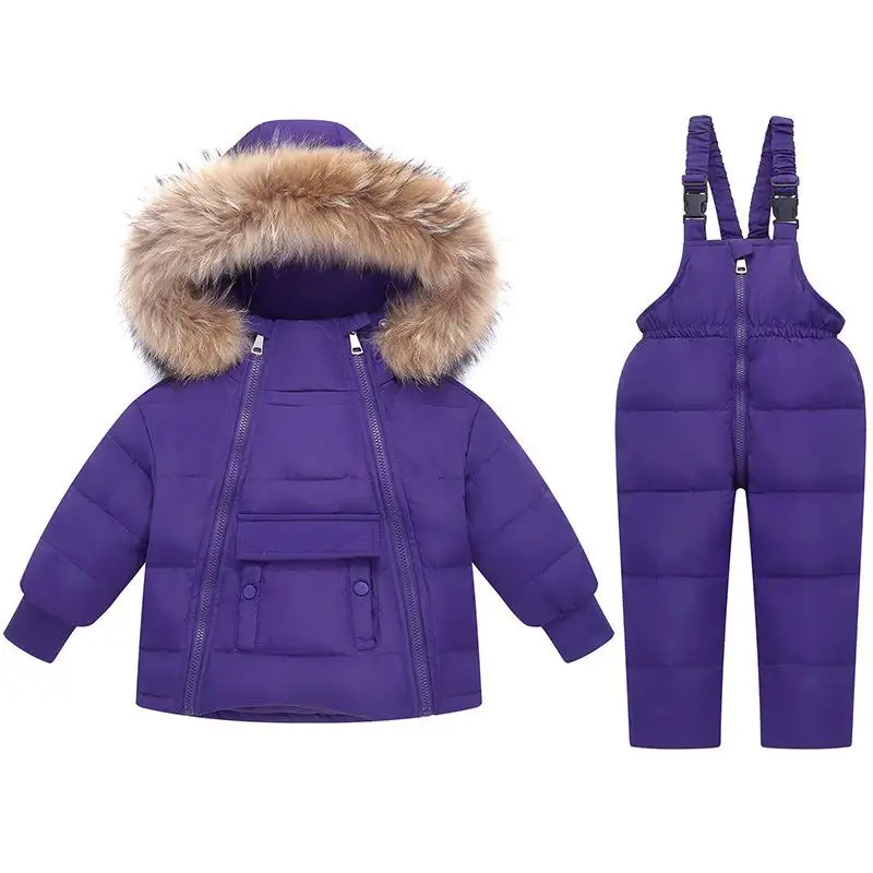 2pcs Set Baby Girl Winter Down Jacket And Jumpsuit For Children Thicken Warm Fur Collar Jacket For Girls Infant Snowsuit