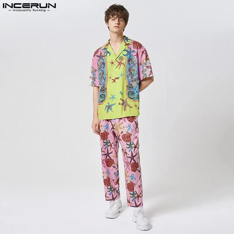 

Men Hawaiian Sets Printing Streetwear Vacation Lapel Short Sleeve Shirt & Pants 2PCS 2023 Summer Men Casual Suits S-5XL INCERUN