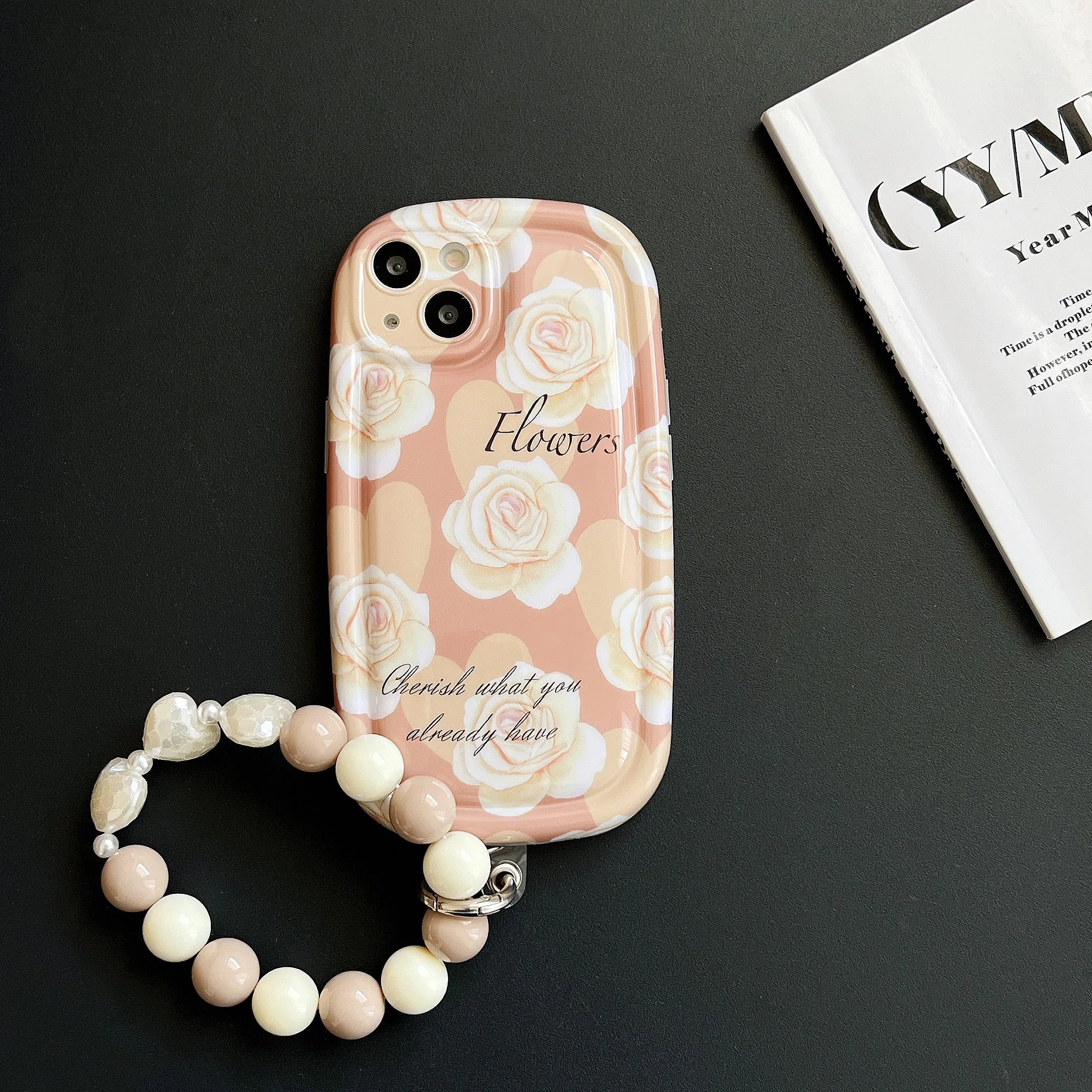 

Vintage Rose Flowers Beads Strap Case for iPhone 13 12 11 Pro Max X XS XR Cord Chain Bracelet Phone Cases Retro Protective Cover
