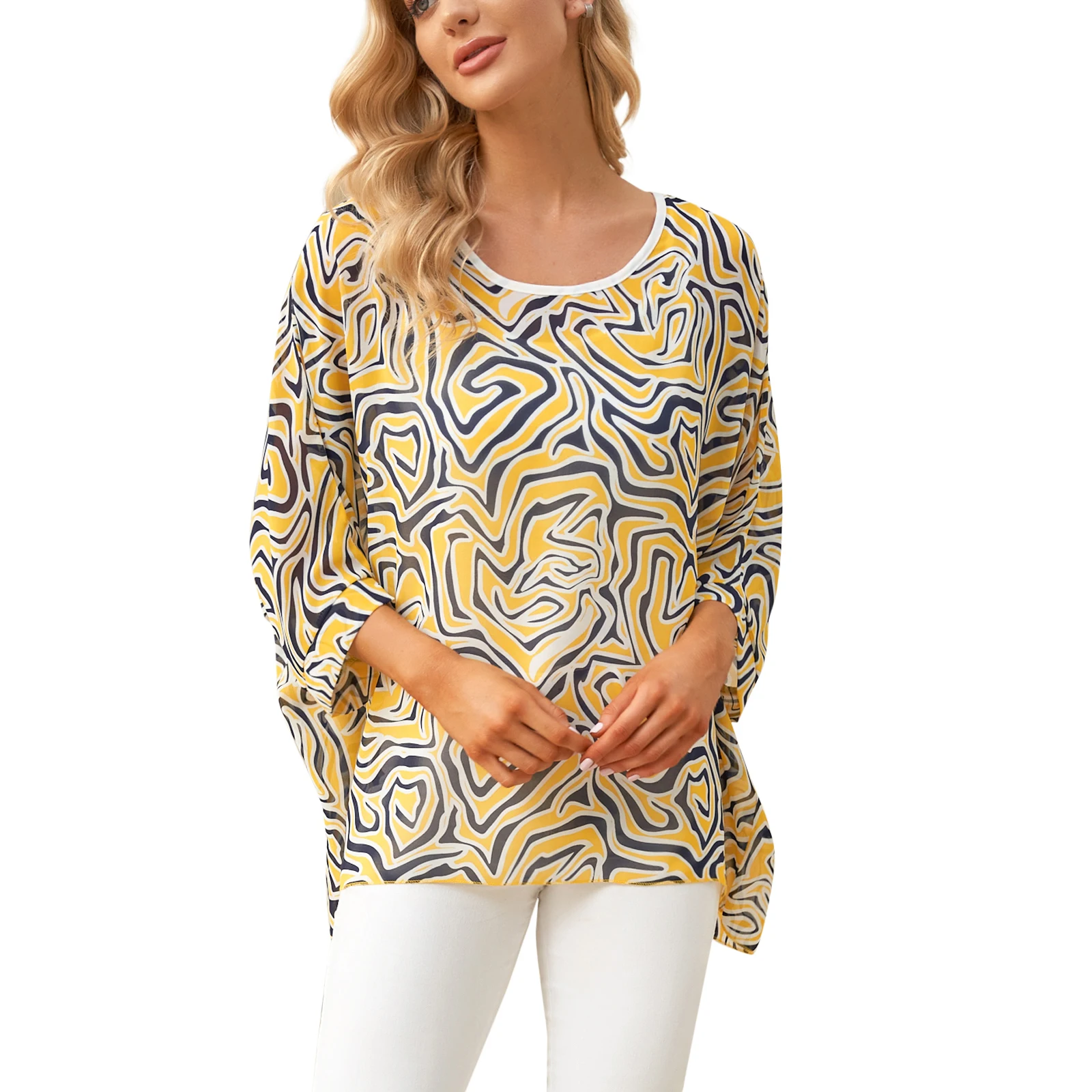 Женская шифоновая блузка с рукавами летучая мышь и принтом | Блузки