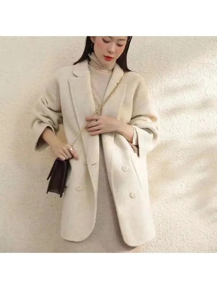 

2023 Spring Mulberry Silk Double-Breasted Short Wool Coats Women Classic Loose Rabbit Hair And Woolen Blended Jackets